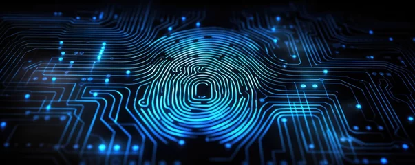 Fotobehang A Fingerprint On A Circuit Board. Сoncept Macro Photography, Technology, Digital Forensics, Cybersecurity, Data Analysis © Ян Заболотний