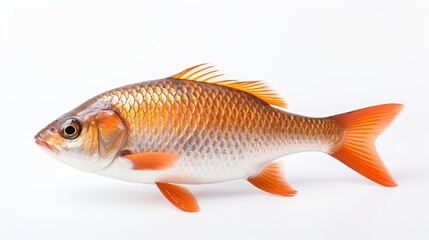  Rohu fish with a red tail fin swimming in White background, generative ai