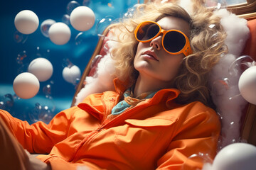 Woman wearing sunglasses laying on chair with balls in the background.