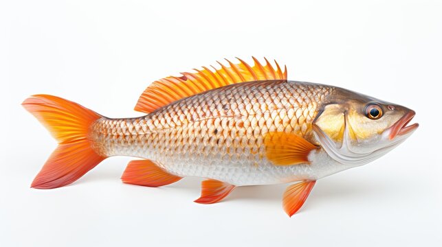  Rohu fish with a red tail fin swimming in White background, generative ai