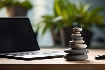 Zen Stones With Laptop On Office Desk. Сoncept Serenity In The Workplace, Balancing Work And Relaxation, Zen Office Decor, Finding Peace In The Chaos, Mindfulness At Work