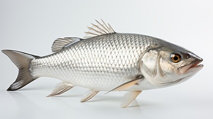 Fototapeta premium Rohu fish with a red tail fin swimming in White background, generative ai
