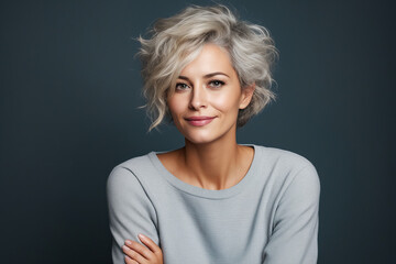 Woman with short grey hair and smile on her face.