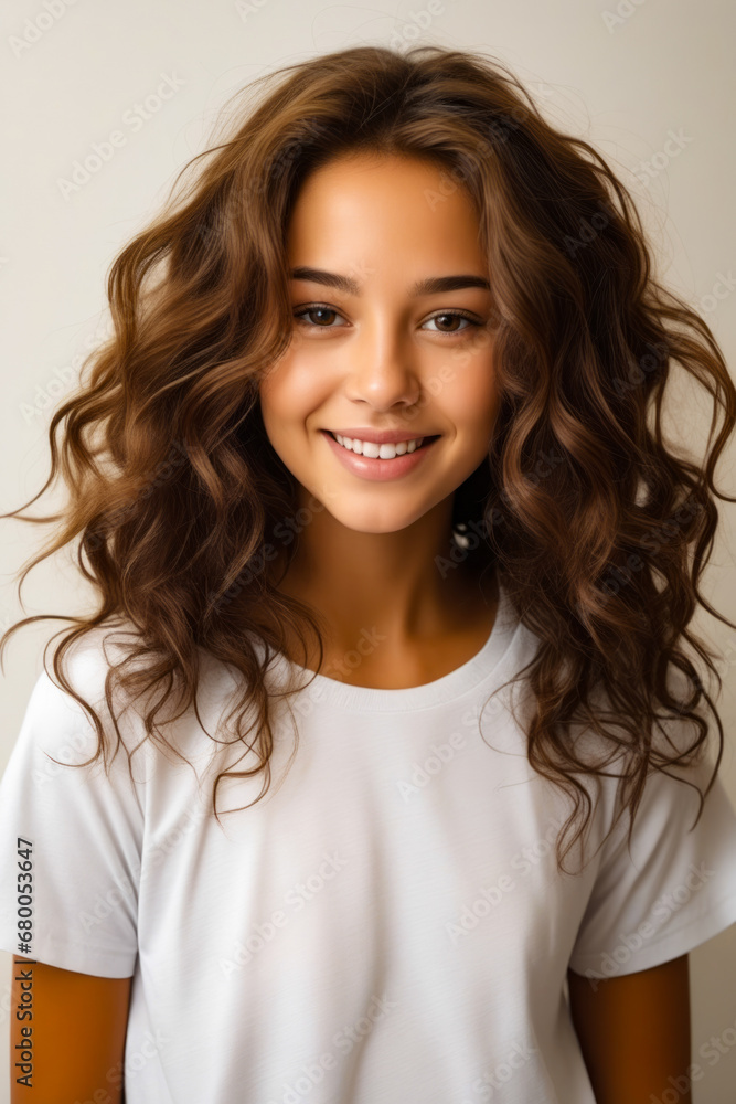 Poster Woman with long hair smiling at the camera with white shirt on.