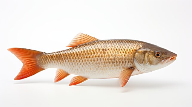  Rohu fish with a red tail fin swimming in White background, generative ai