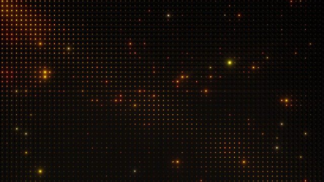 3D rendering glows gold light with random movement behind the black wall with a lot of tiny holes.