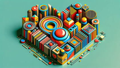 Obraz premium Heart made from many different hearts and geometric figures for Valentine's day in 3D Memphis style