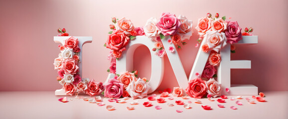 Word "Love" decorated colorful tender roses. Valentine's day concept.