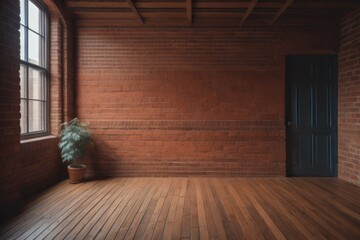  Interior background of room with brick wall and wooden floor