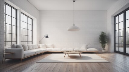 Naklejka na ściany i meble Interior background of room with brick wall and wooden floor