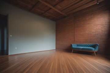  Interior background of room with brick wall and wooden floor