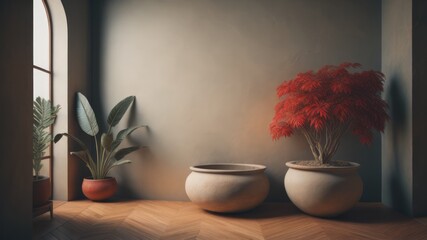 Interior background of room with stucco wall and vase with branch