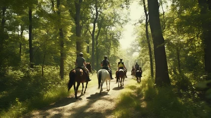 Fotobehang A group of riders embarks on a scenic trail ride through the farm's wooded trails. © Muzamil
