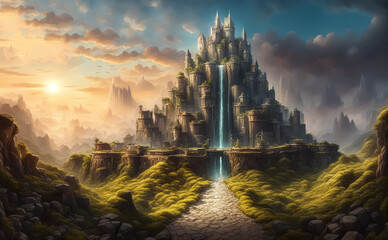 A big kingdom. Fantastic landscape. A house made of rock. AI