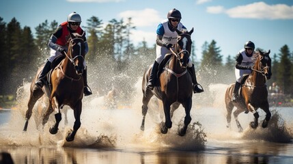 A group of riders participate in a thrilling cross-country jumping competition. - obrazy, fototapety, plakaty