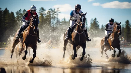 Fotobehang A group of riders participate in a thrilling cross-country jumping competition. © Muzamil