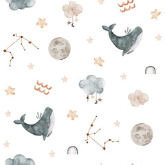 Watercolor seamless pattern with zodiac sign Aquarius, cloud, stars, horoscope symbol, constellation for posters, postcards, textile, packaging, print