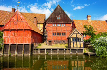 Bright Colored Half-Timbered Houses at Den Gamle By (The Old Town in English), an open-air town...