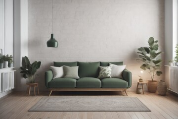  Interior of living room with white sofa against white wall with copy space 