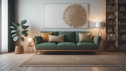  Interior of living room with white sofa against white wall with copy space 