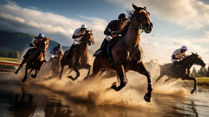 A group of riders participate in a thrilling cross-country jumping competition.