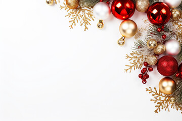 Vibrant Christmas Frame: Spruce, Red & Gold Decorations on White Background with Copy Space Created with generative AI tools