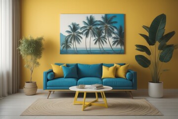  Modern interior of living room with blue sofa and palms on yellow wall