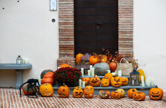 Halloween pumpkins, decoration - holiday concept. In the Italian town of Solomeo
