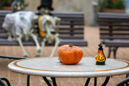 Halloween pumpkins, decoration - holiday concept. In the Italian town of Solomeo