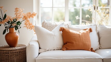 A Sunlit Living Room with a White Couch, Orange Pillows, and a Mid-Century Modern Coffee Table, generative ai