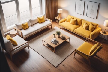 Top view of living room interior - obrazy, fototapety, plakaty