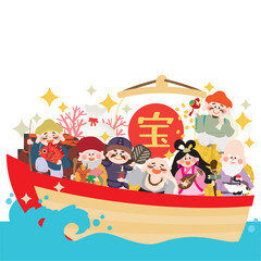 七福神を乗せて海を進む宝船のお正月用ベクターイラスト