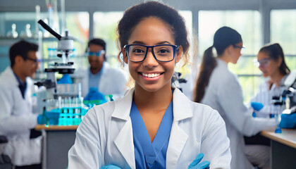 Fototapeta premium Medical Mavericks: Woman Scientist Pioneering Breakthroughs with her Team