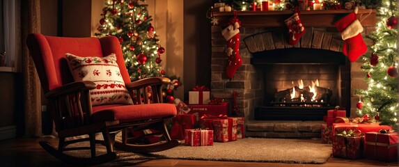 christmas themed living room, rocking chair and stockings on by the fireplace,  christmas tree and christmas presents, in the style of captivating lighting