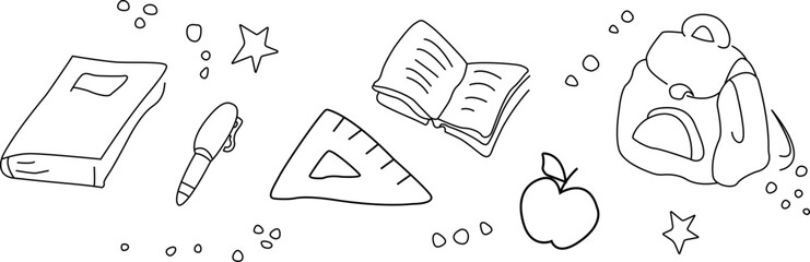 School subjects on a white background. Vector graphics. School backpack, diary, pen and notebook on a white background. Illustration EPS 10