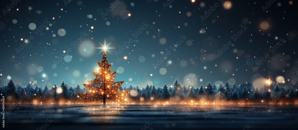 Poster beautiful christmas tree in abstract lights bokeh background. copy space for text