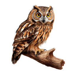 Owl Perched on Wooden Branch Isolated on Transparent or White Background, PNG