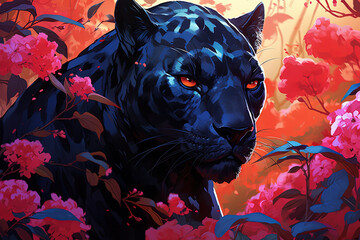 Black panther surrounded by flowers. Generative AI