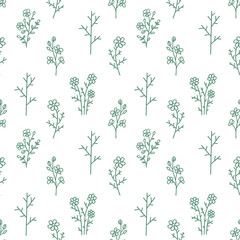 Seamless pattern with vector doodle floral graphic elements. Hand drawn green botanical flowers, plants and branches illustrations on white background.