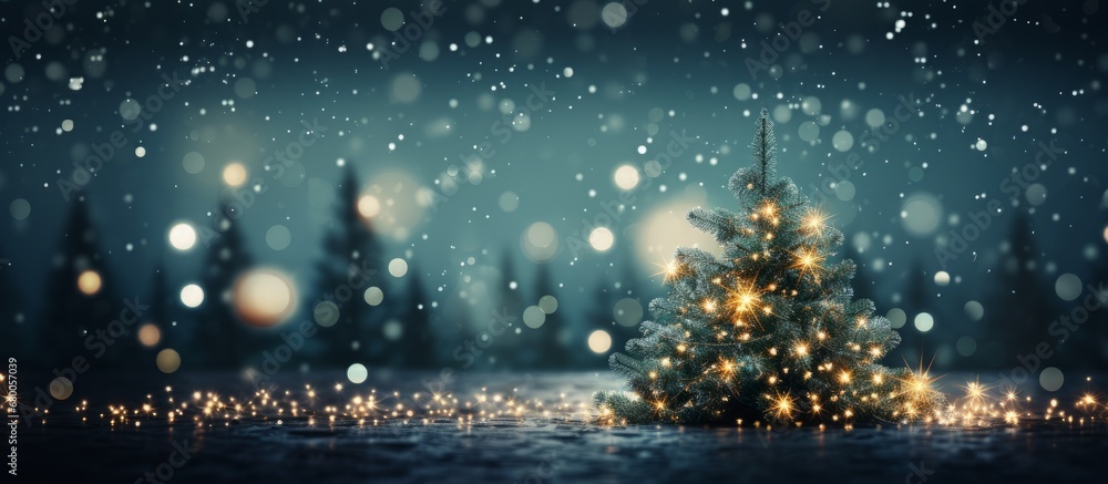 Poster beautiful christmas tree in abstract lights bokeh background. copy space for text