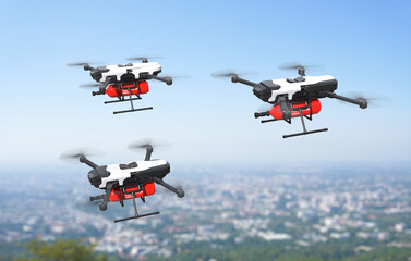 Fire fighting drone concept, Extinguish fire with the drone flying in the sky