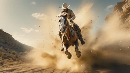 Obraz na płótnie Canvas A mesmerizing display of horse riding mastery unfolds as a cowboy and his horse perform breathtaking maneuvers.