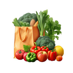 Paper Bag with Fruits and Vegetables Isolated on Transparent or White Background, PNG
