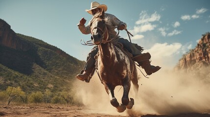 A mesmerizing display of horse riding mastery unfolds as a cowboy and his horse perform breathtaking maneuvers. - obrazy, fototapety, plakaty