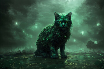 a cat is standing in a green forest surrounded by green lights