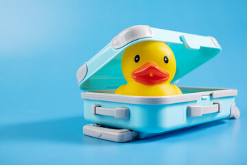 Rubber duck in a suitcase, travel vacation, creative adventure, yellow toy for the journey