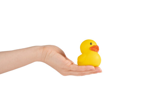 rubber duck in hand isolated,bath time, playful water toy