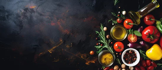 Fototapeten Vegetables, olive oil and spices for cooking on dark vintage background. Healthy food. Vegetarian eating. Top view. Dark rustic background layout with free text space. © Karol