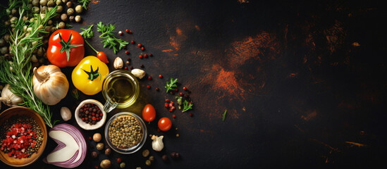 Vegetables, olive oil and spices for cooking on dark vintage background. Healthy food. Vegetarian eating. Top view. Dark rustic background layout with free text space.