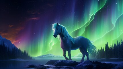 Obraz na płótnie Canvas a mesmerizing spectacle where the amazing forest horse's mane shimmers with the colors of the aurora borealis.